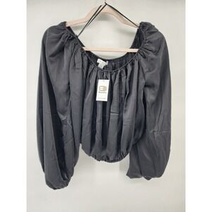 Hyfve Womens Black Satin Balloon Sleeve Cropped Blouse Off Shoulder HF23G502 M